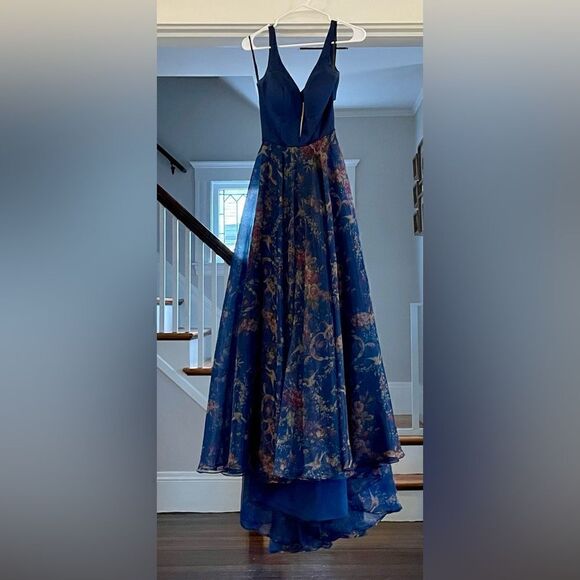 Sherri Hill Floral Navy Prom Dress Gown Size 0 - Picture 1 of 7
